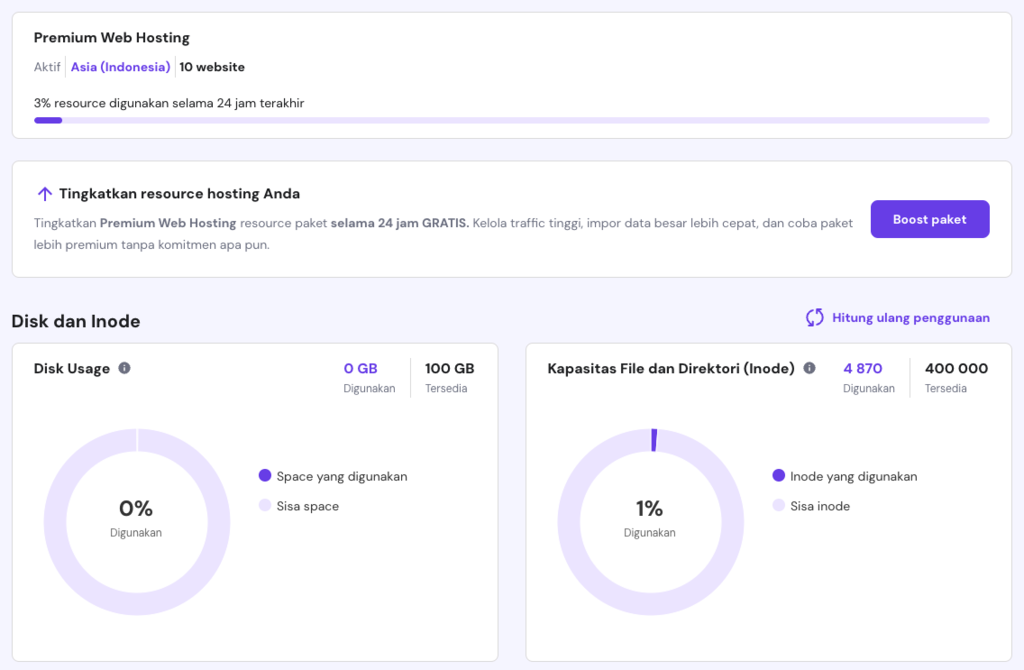 tampilan bagian penggunaan resource hosting di hpanel