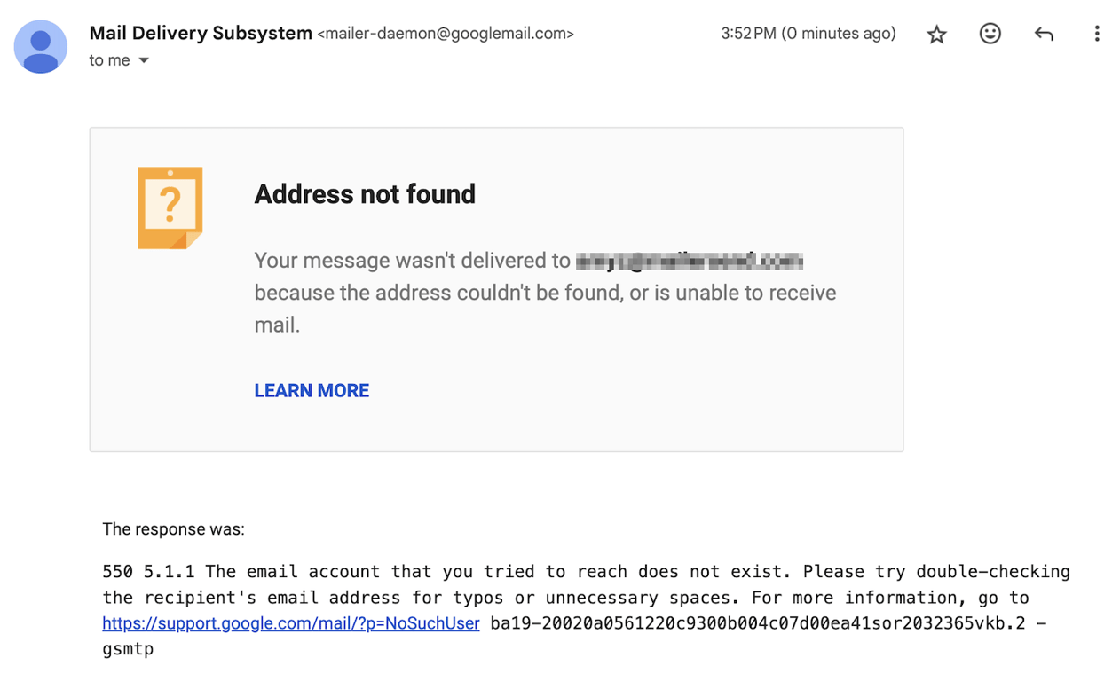 tampilan pesan email bounced di gmail