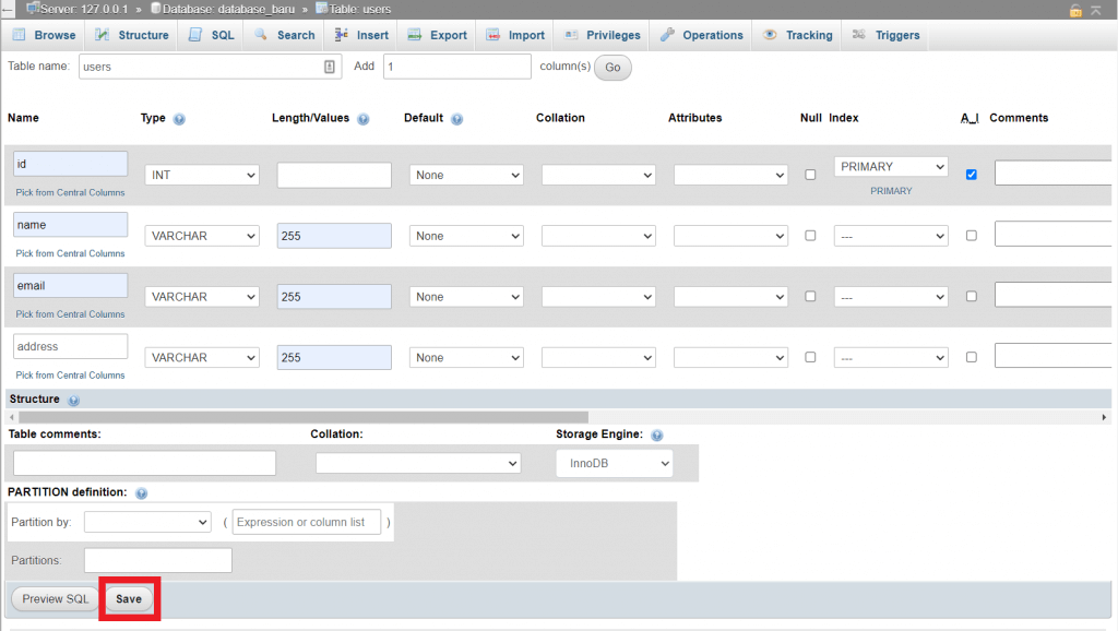 tampilan menambahkan kolom database mysql phpmyadmin dengan tombol save yang dipilih