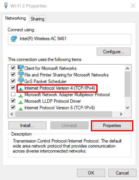 tampilan pilihan jaringan windows dengan ipv4 dan properties yang dipilih