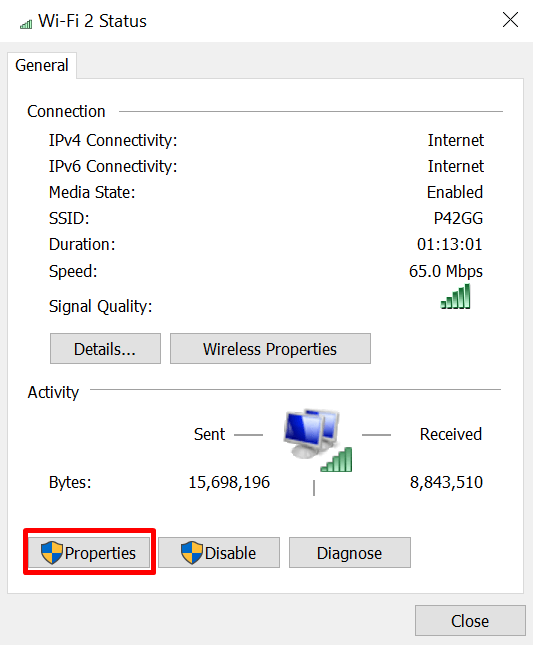 tampilan menu jaringan windows dengan tombol properties yang dipilih