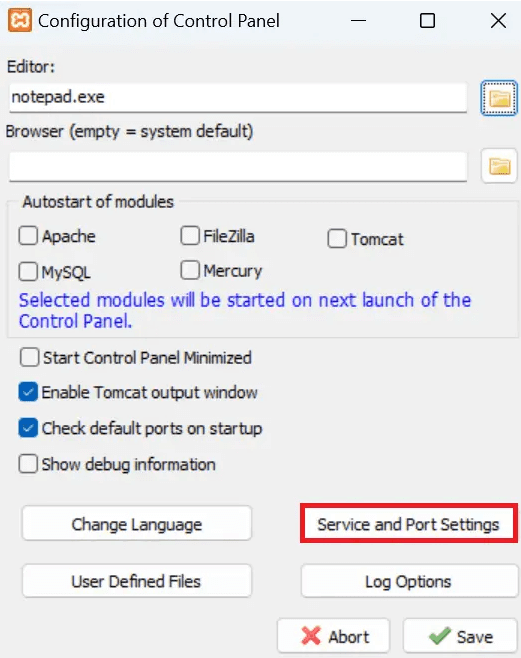 tampilan menu konfigurasi xampp dengan opsi service and port settings yang dipilih