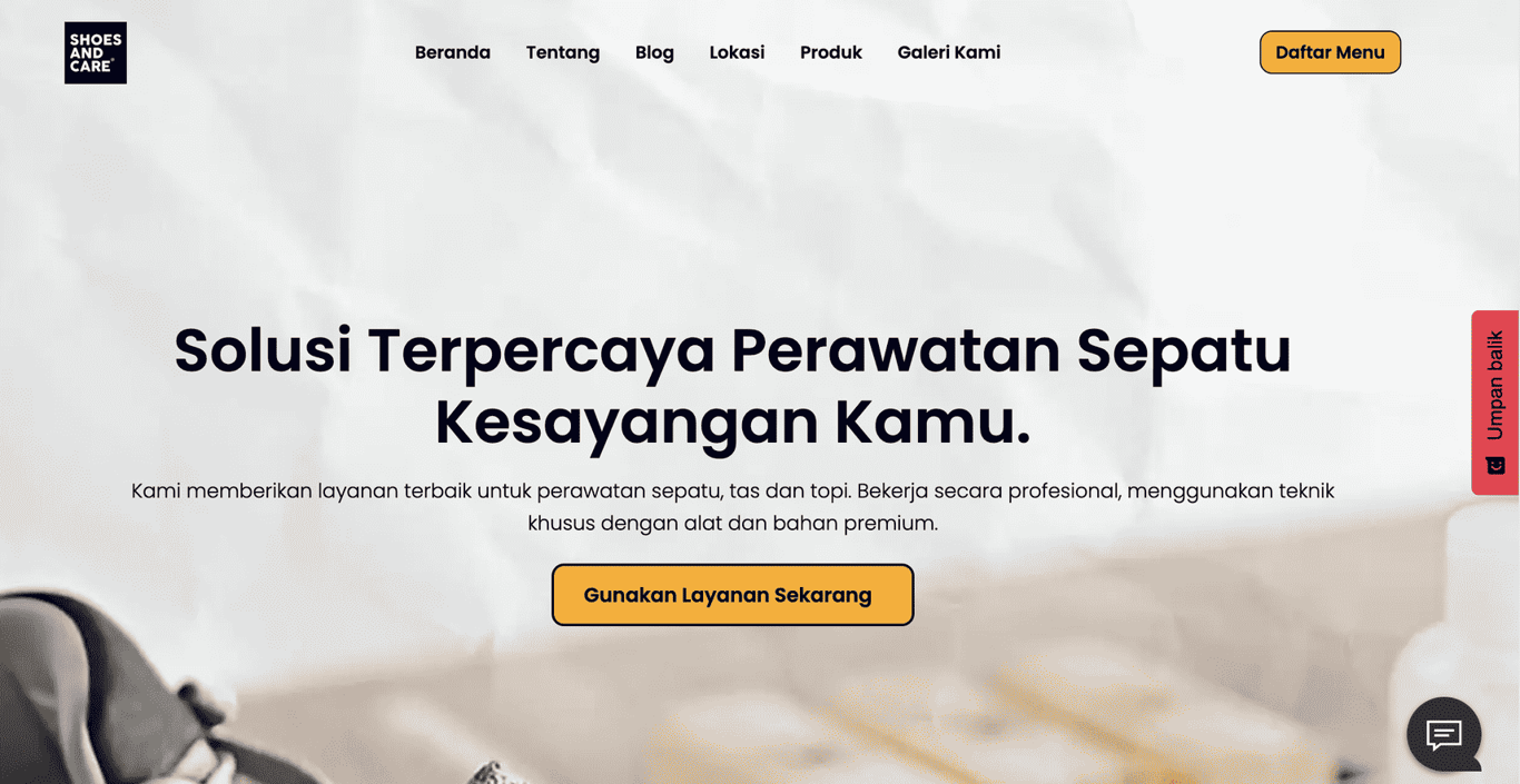 tampilan website shoes and care