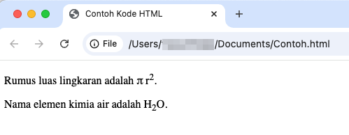 tampilan teks superscript dan subscript luas lingkaran dan elemen air