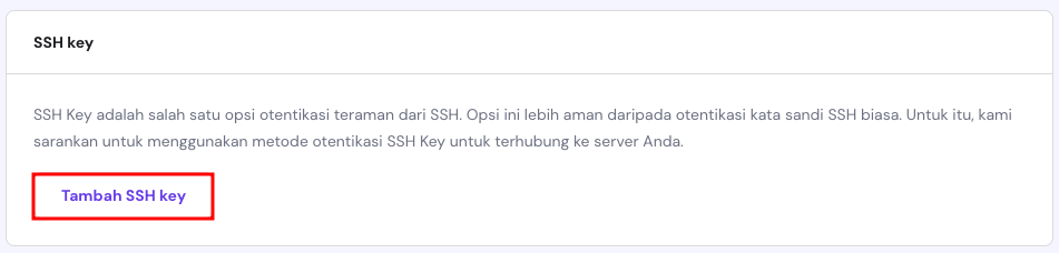 tampilan menu untuk menambahkan ssh key di hpanel dengan tombol tambah ssh key yang dipilih