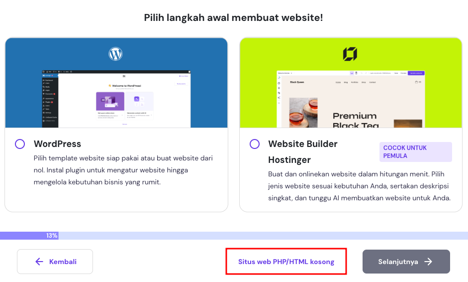 tampilan onboarding hpanel menunjukkan opsi website kosong