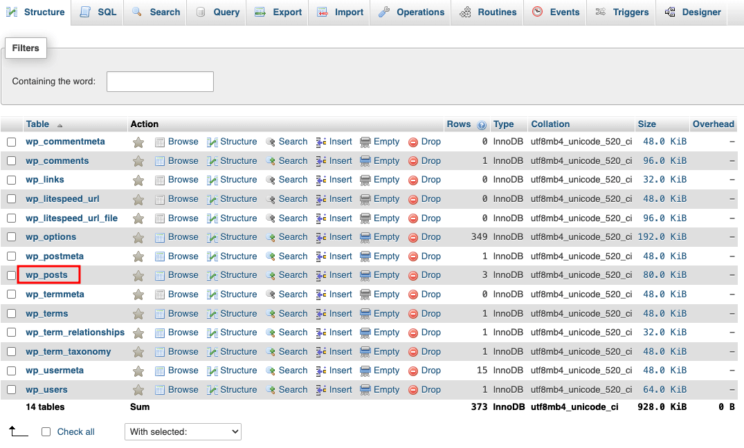 tampilan tabel database di phpmyadmin dengan tabel wp_posts yang dipilih