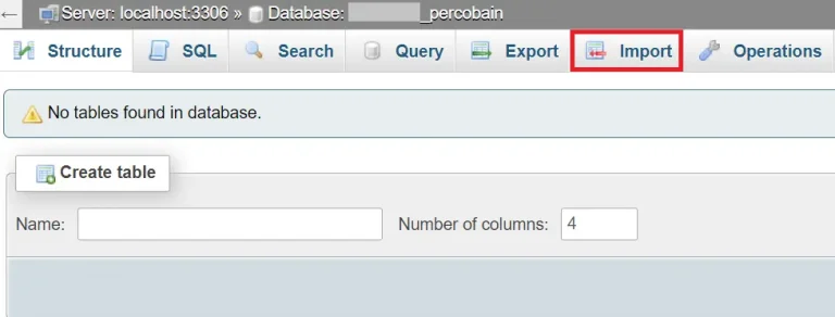 tampilan menu import database yang dipilih di phpmyadmin