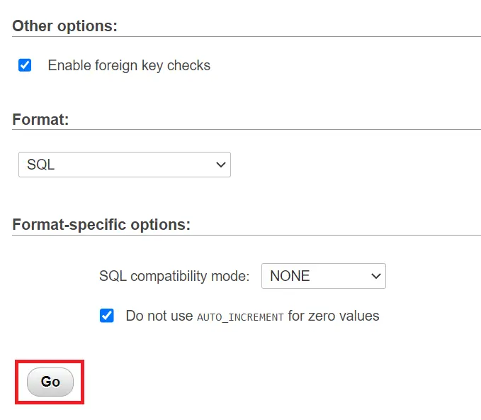 tampilan memilih tombol go untuk memulai proses impor database