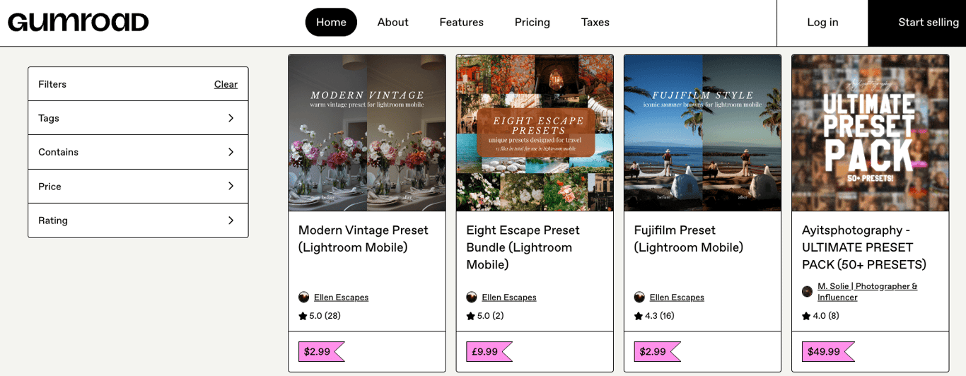 hasil pencarian preset lightroom di website gumroad