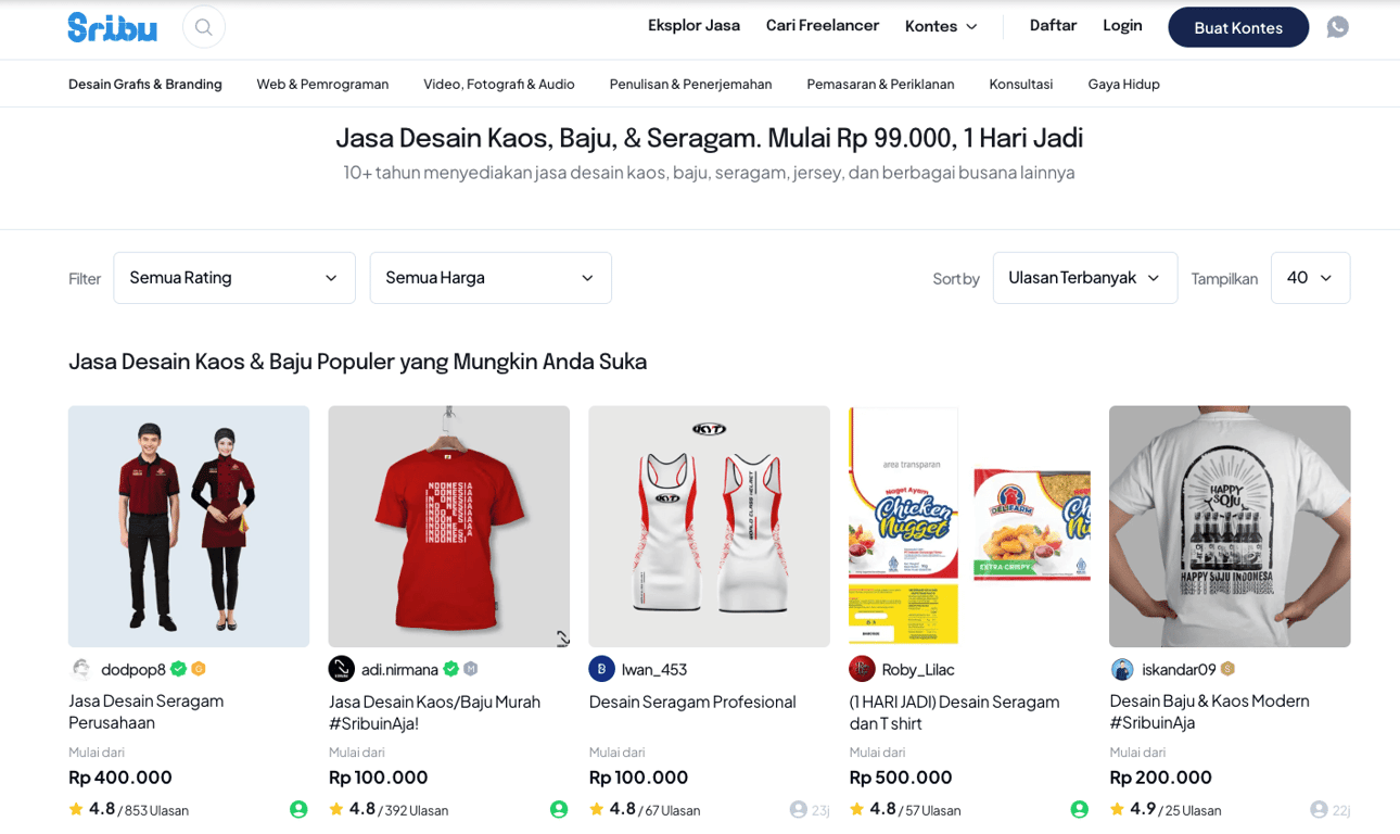 halaman website sribu menampilkan jasa desain kaos