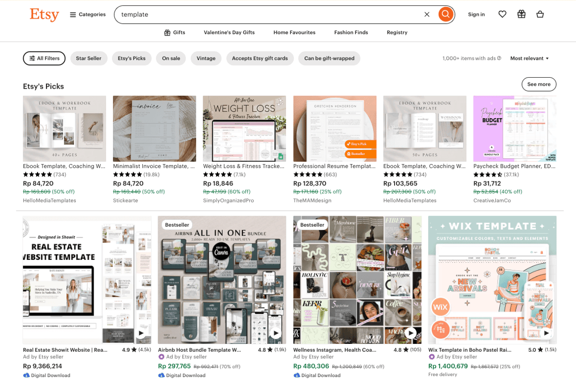 tampilan halaman etsy menunjukkan hasil pencarian template