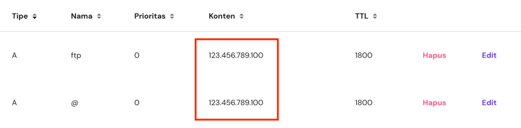 a record di dns zone editor hostinger dengan alamat ip yang disorot