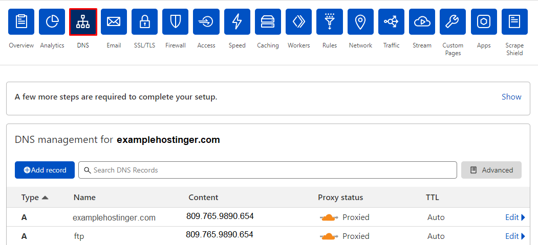 bagian pengaturan dns di halaman cloudflare