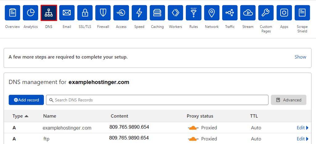 bagian pengaturan dns di halaman cloudflare