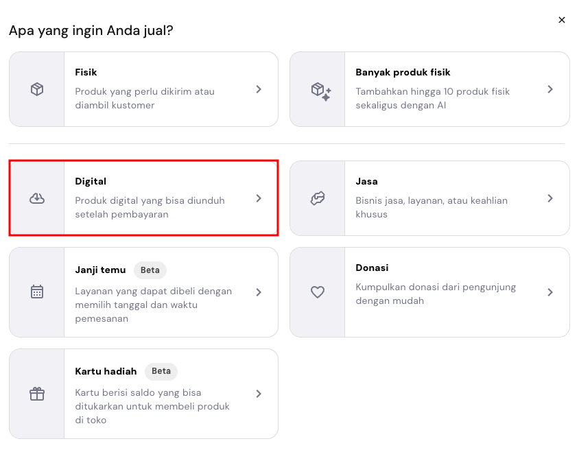 daftar produk yang bisa ditambahkan di website builder hostinger, dengan opsi produk digital yang dipilih