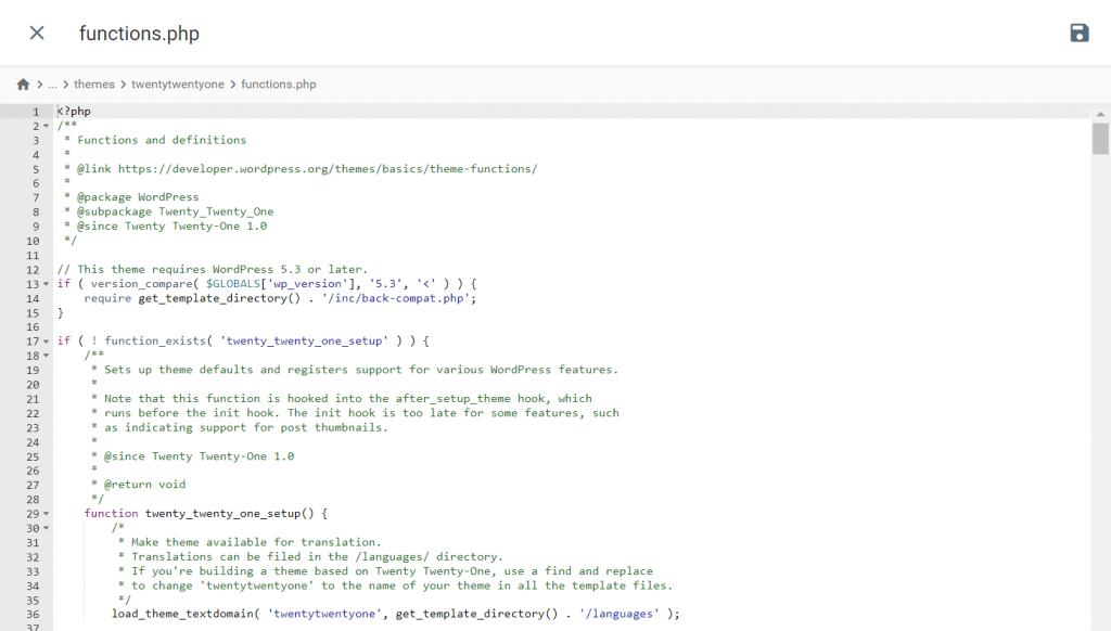 editor teks dengan file function php yang sedang dibuka