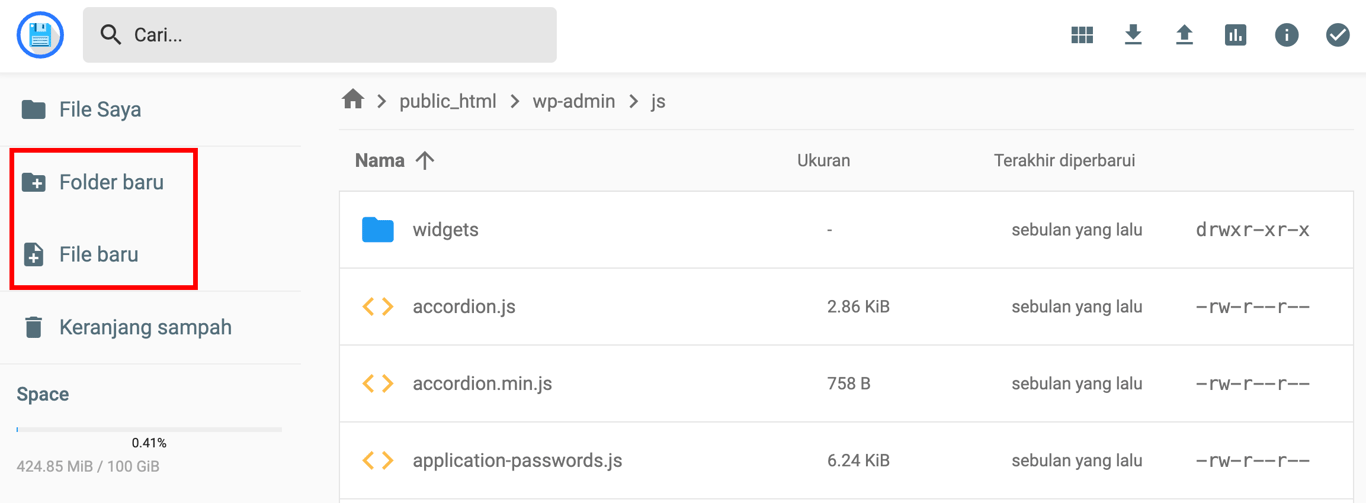 tampilan sidebar file manager hostinger dengan menu file dan folder baru yang dipilih