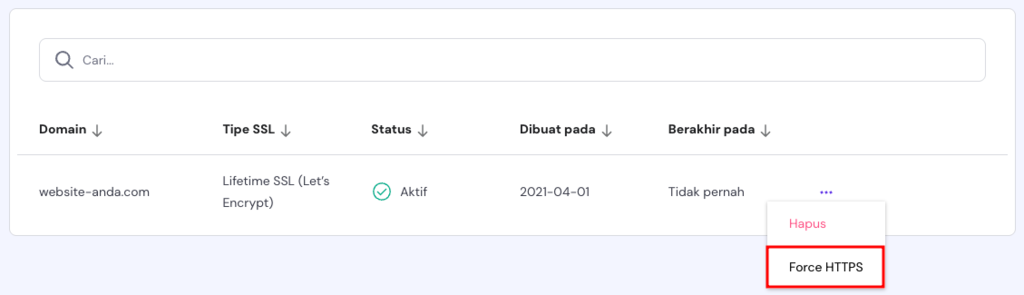 bagian ssl di hpanel dengan opsi force https yang dipilih
