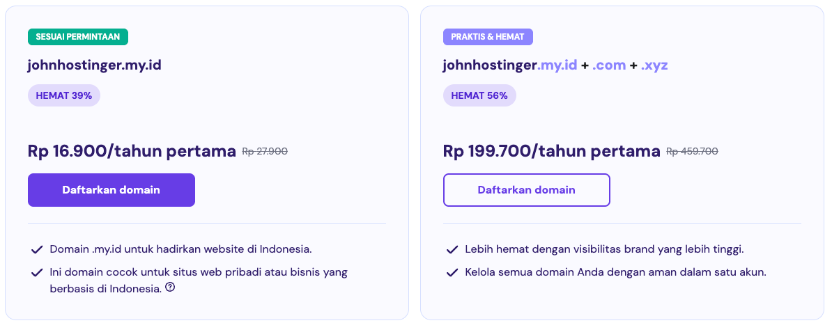 hasil pencarian domain my.id di hostinger