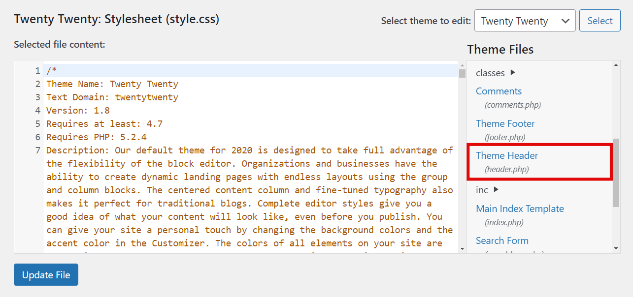 tampilan file header tema (header.php) wordpress