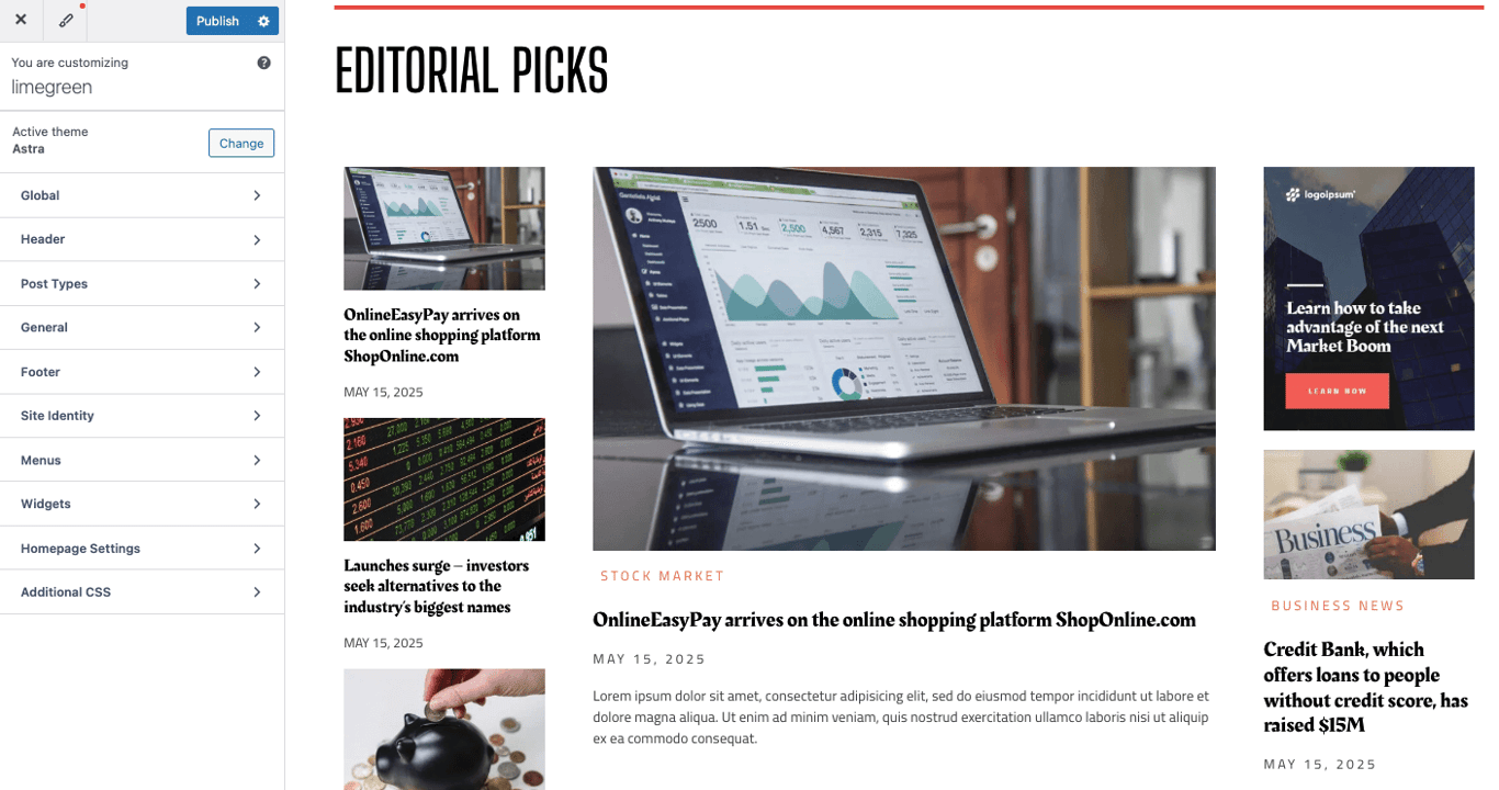 tampilan wordpress customizer untuk menyesuaikan desain website berita
