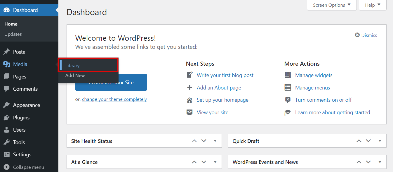 dashboard wordpress dengan opsi library media yang dipilih