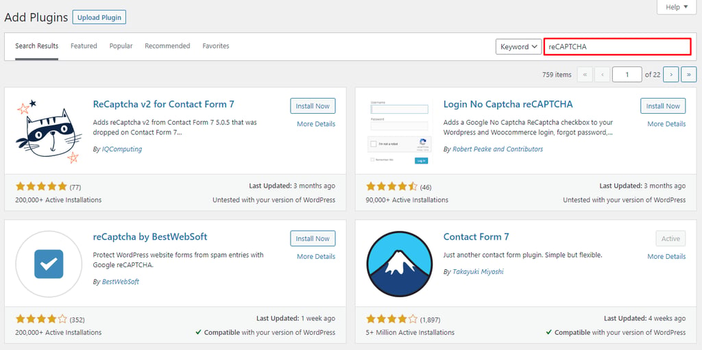 bagian plugin wordpress menampilkan hasil plugin recaptcha