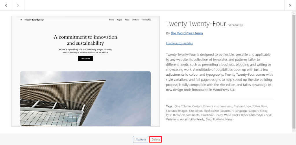 tampilan bagian tema wordpress dengan opsi delete yang dipilih