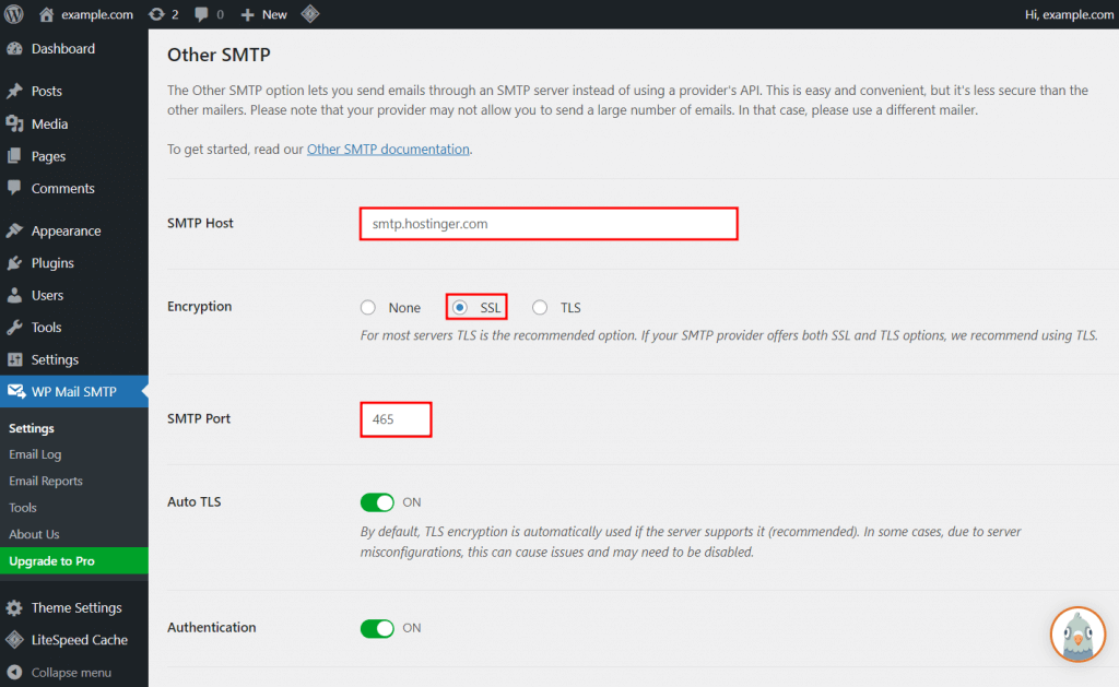 pengaturan mail client WP Mail SMTP di dashboard WordPress dengan SMTP Host, Encryption, dan port SMTP yang disorot