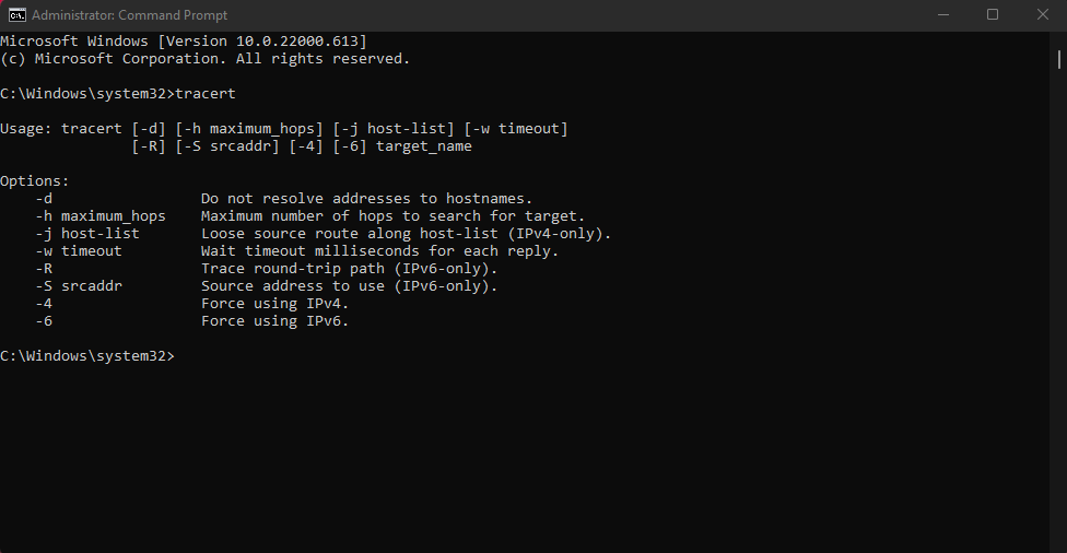 penggunaan perintah tracert dan opsi tambahan