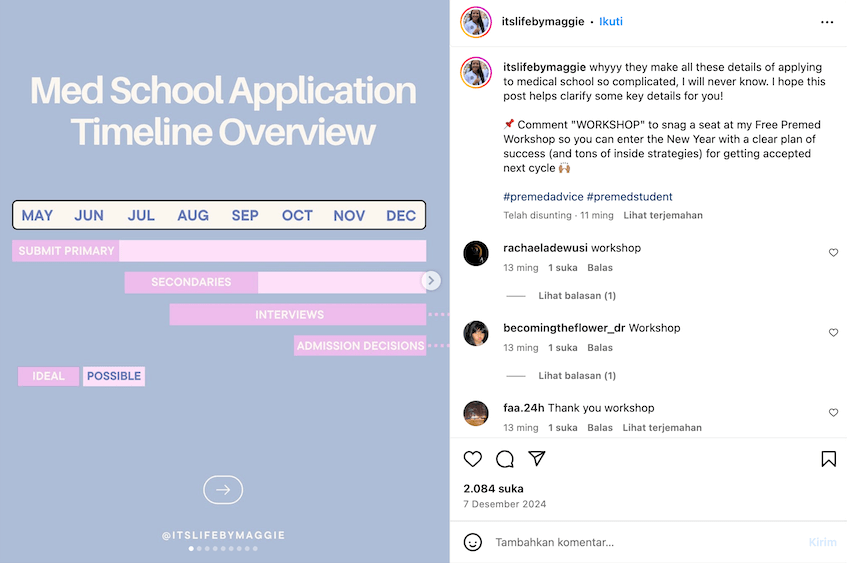 postingan instagram itslifebymaggie yang mempromosikan kursus digital masuk kedokteran