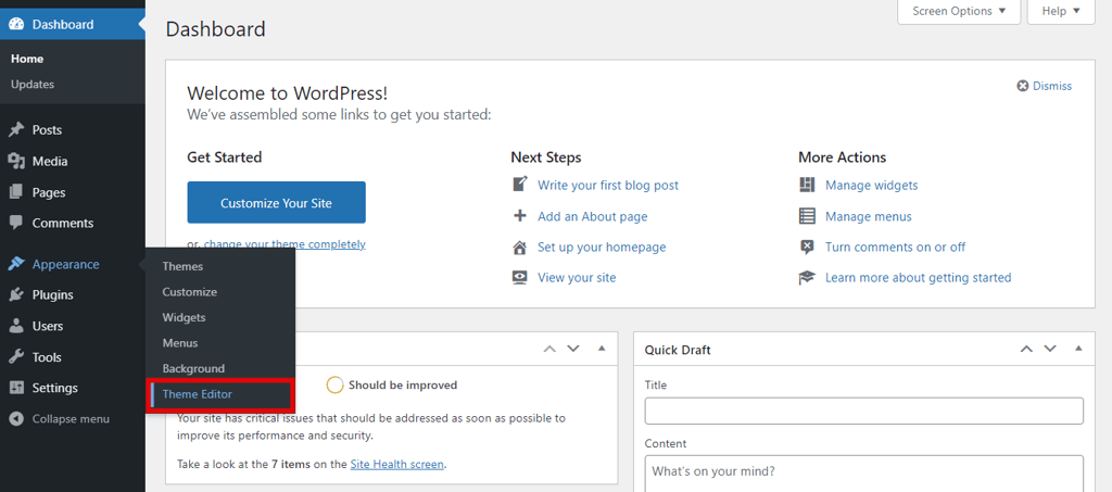 dashboard wordpress dengan opsi theme editor yang dipilih