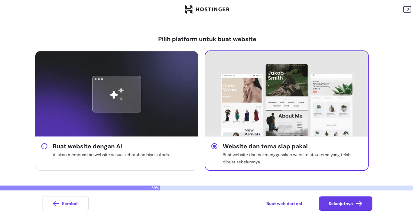 bagian onboarding hpanel menampilkan pilihan metode pembuatan website dengan opsi website dan tema siap pakai yang dipilih