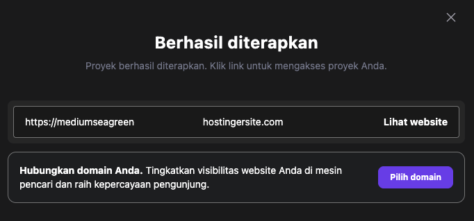 pop-up yang menampilkan bahwa aplikasi hostinger horizons berhasil dionlinekan