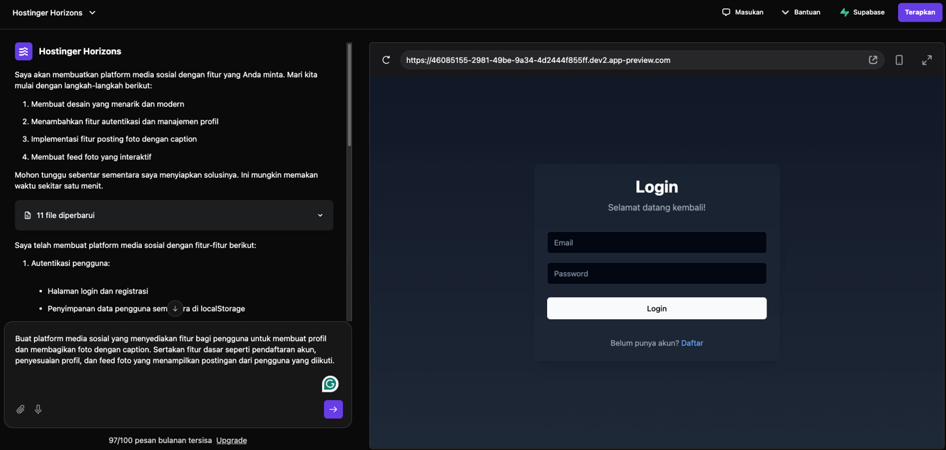 Prompt untuk menunjukkan cara mengawali proses dengan fungsi inti saja saat menggunakan Hostinger Horizons