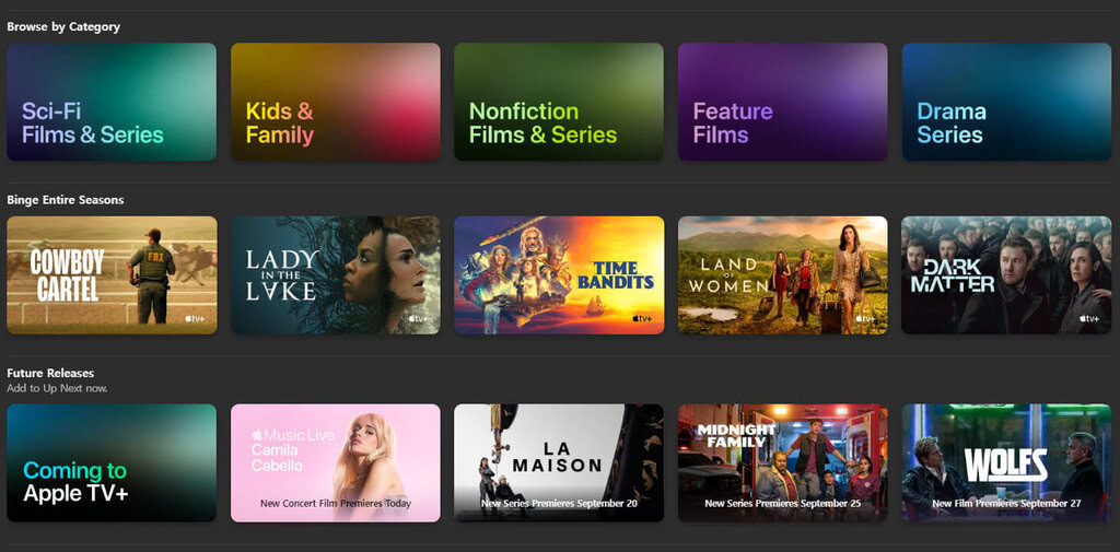 Screenshot katalog VOD Apple, dikelompokkan ke dalam kategori dan genre, menunjukkan desain yang familiar yang umumnya dipilih oleh layanan streaming