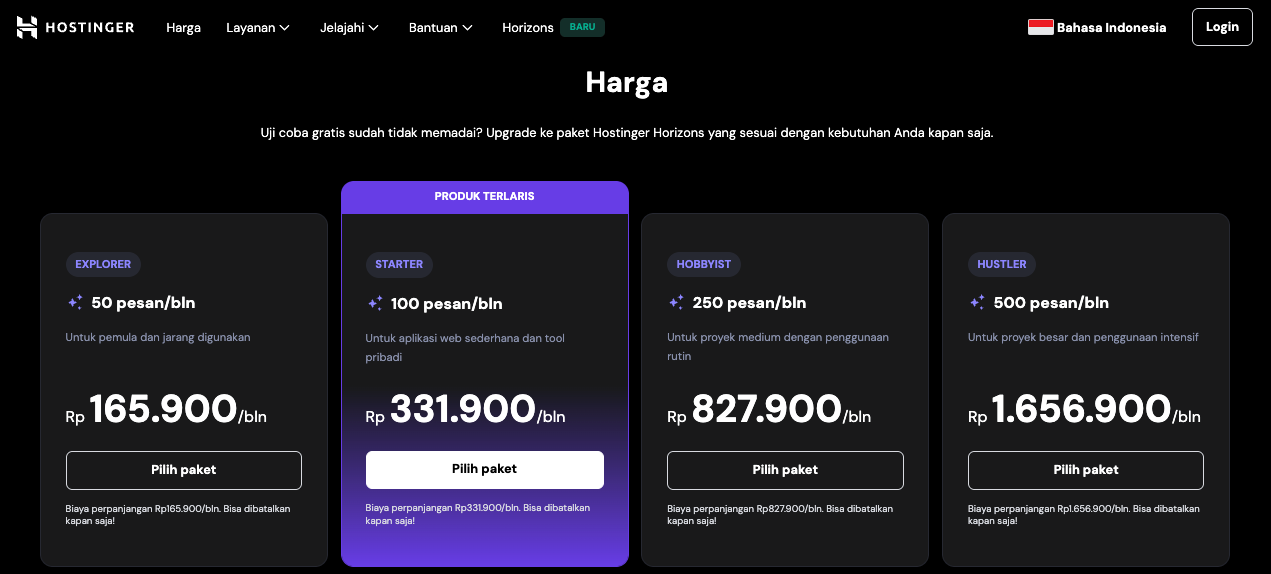 daftar harga paket hostinger horizons