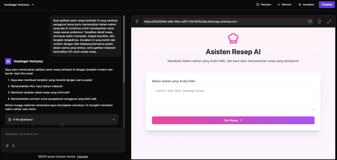 hasil awal aplikasi pencarian resep yang diberikan hostinger horizons