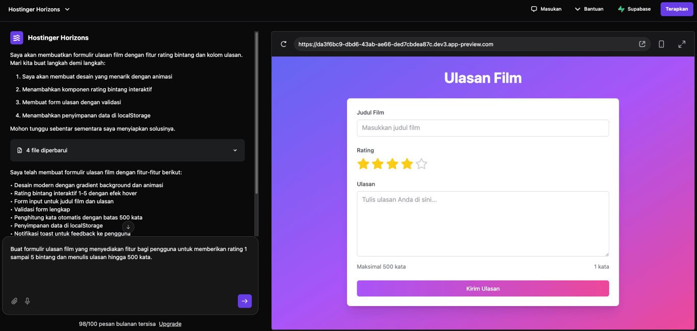 Prompt untuk mencontohkan cara mengurai ide-ide kompleks saat menggunakan Hostinger Horizons