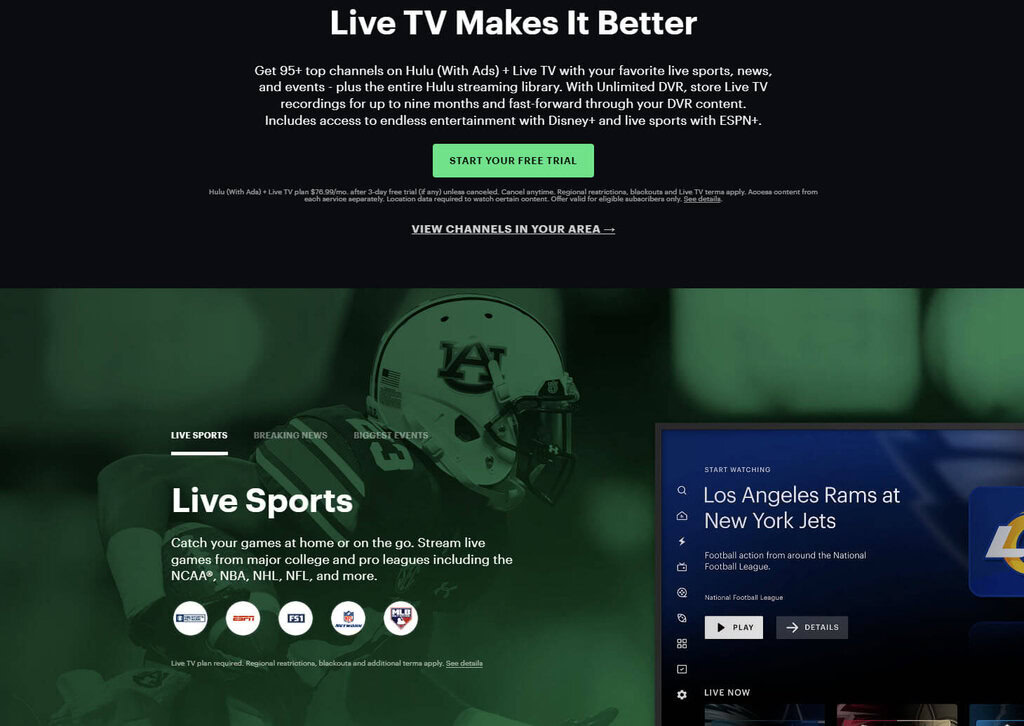 Screenshot landing page salah satu layanan streaming TV langsung populer, Hulu.
