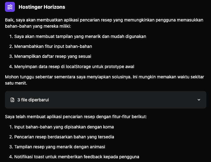 respons yang diberikan hostinger horizons untuk aplikasi resep
