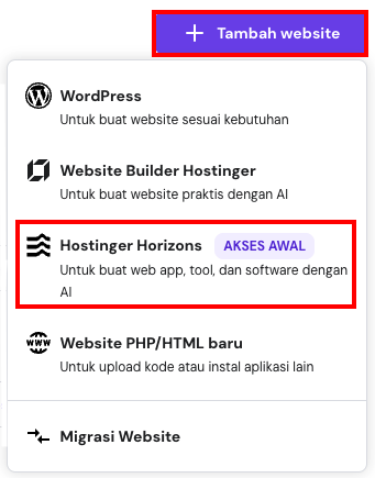 bagian hpanel untuk menambahkan website dengan opsi hostinger horizons yang dipilih