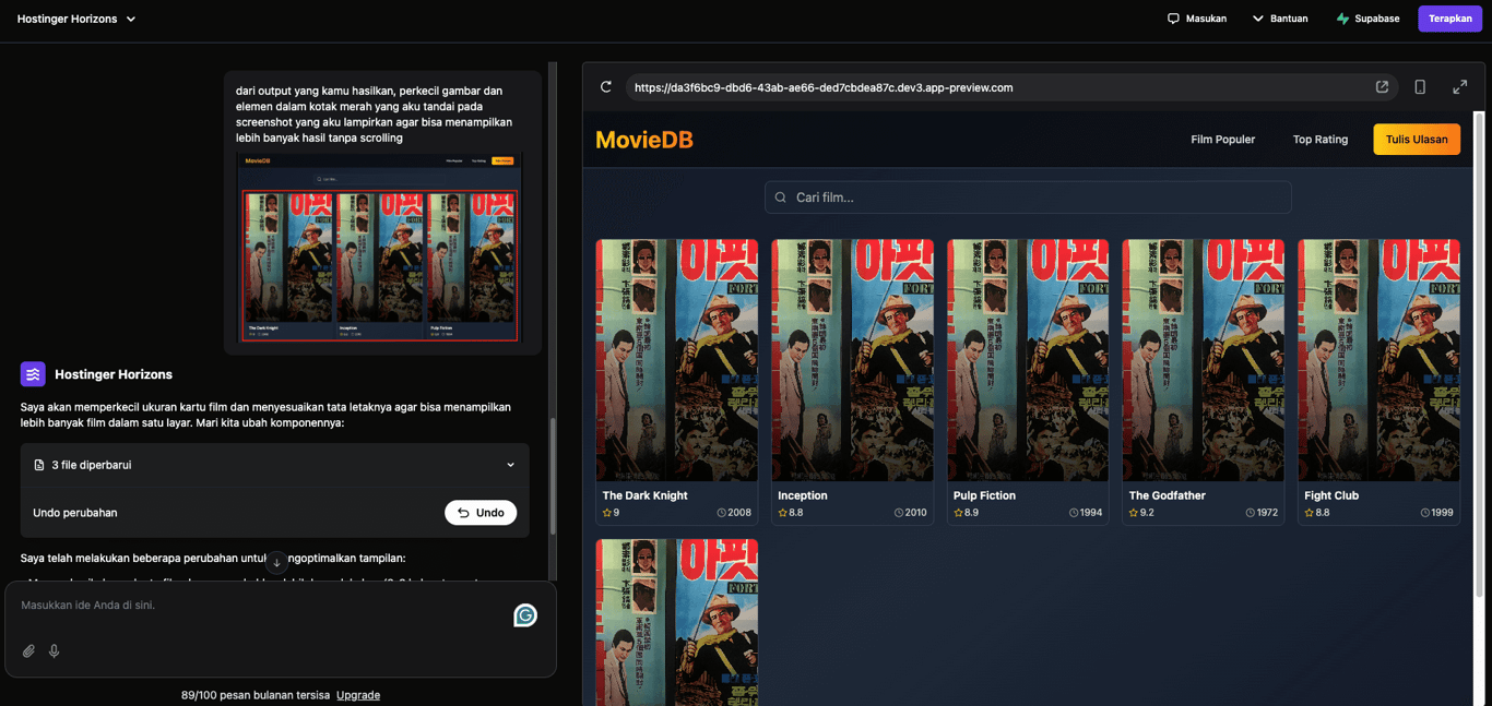 Hostinger Horizons memperbarui bagian tertentu dari aplikasi berdasarkan input gambar