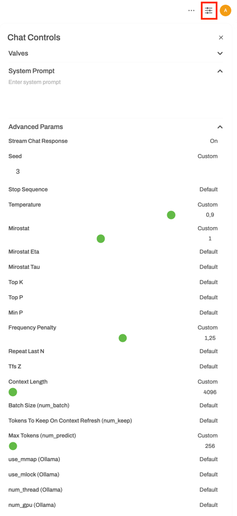 Tombol Control di panel data Open WebUI