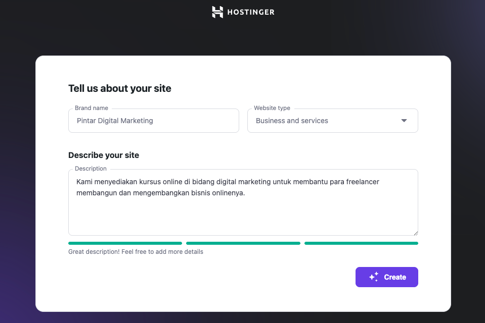 Proses setup AI website builder Hostinger untuk WordPress