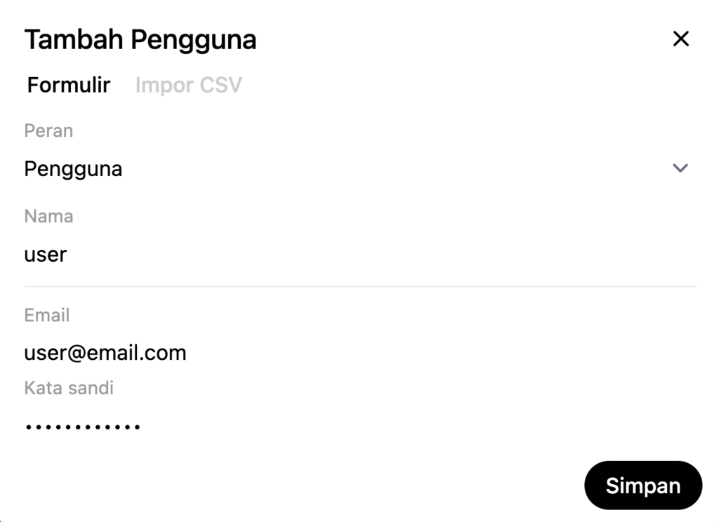 Kolom tambah pengguna di panel admin Open WebUI