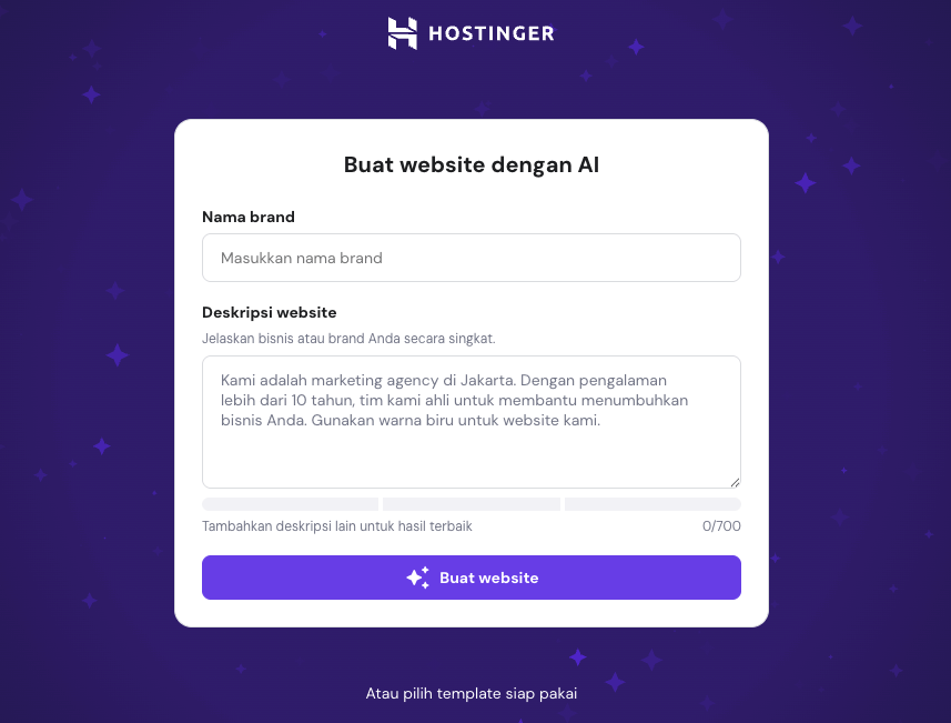 Halaman prompt awal untuk membuat website menggunakan Website Builder Hostinger