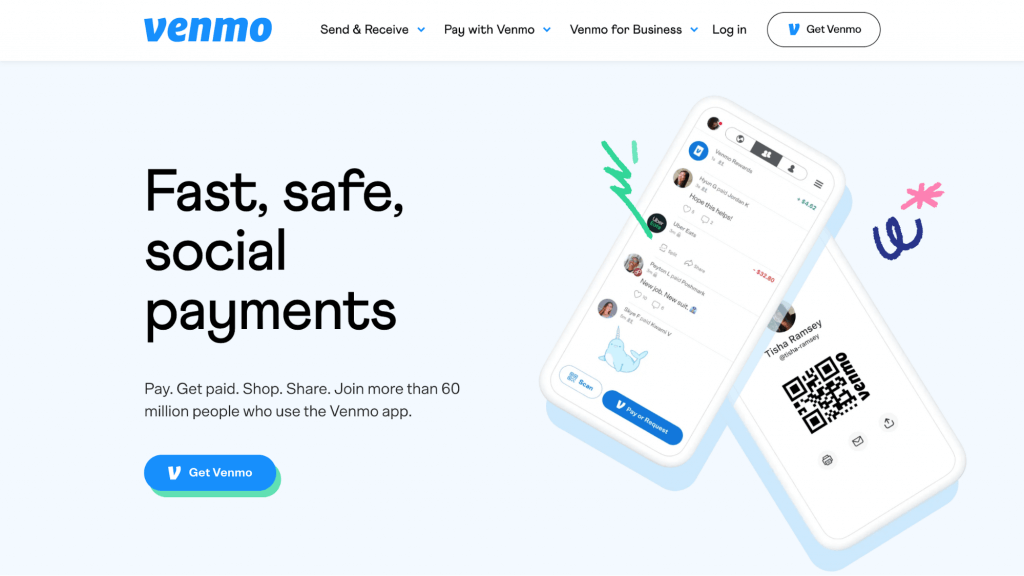 Homepage website Venmo, aplikasi pembayaran peer-to-peer berbasis seluler.