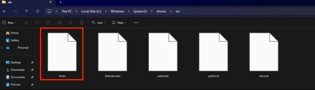 tampilan host file di file explorer windows